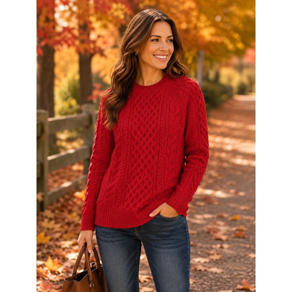 J.Crew Womens Red Cable Knit Crew Neck Raglan Sleeve Sweater Size Small